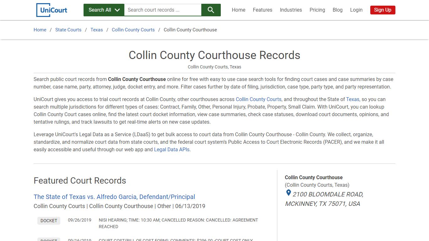 Collin County Courthouse Records | Collin | UniCourt